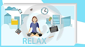 Woman relaxes at work in the lotus position. A woman is meditating against the clouds in work clothes. Vector illustration