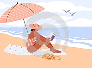 Woman relaxing with book on beach on summer holiday. Suntanned girl reading and sunbathing on towel, sand under umbrella