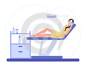 Woman relaxing with clay facial mask in beauty salon. Girl is lying on the medical couch. Cartoon flat style. Vector illustration