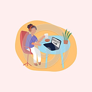 Woman relaxing, drinks a coffee and listeners a podcast