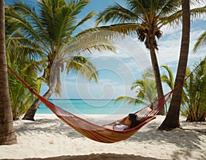 A woman is relaxing in a hammock on a beach