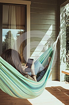 Woman relaxing in a hammock near the cottage on a summer day and uses smartphone
