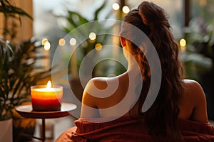 Woman relaxing home burning candle. Generate AI