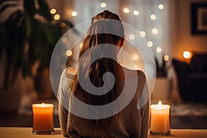 Woman relaxing home candles. Generate Ai