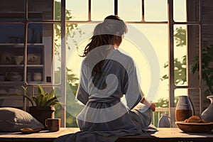 Woman relaxing home daylight. Generate AI