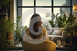 Woman relaxing home evening. Generate Ai