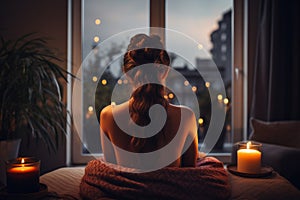 Woman relaxing home meditation. Generate AI