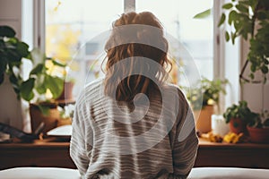 Woman relaxing home near window. Generate AI