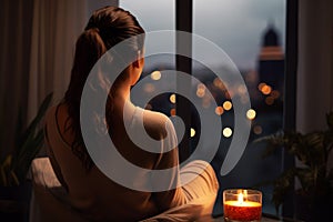 Woman relaxing home night. Generate AI