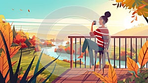 Woman relaxing at outdoor home terrace with autumn landscape and river view. Female character relaxing at wooden patio