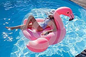 Woman relaxing on pink flamingo inflatable ring