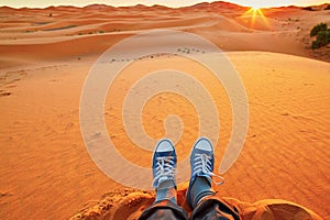 Woman relaxing on sand dunes and looking at sunrise in Sahara Desert