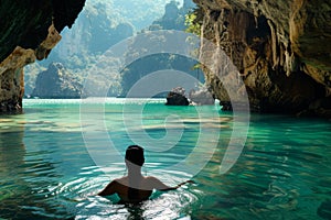 Woman relaxing in a serene cave spa with emerald waters in thailand