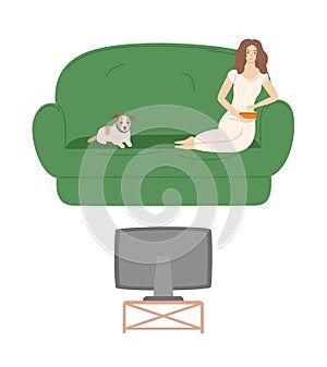 Woman Relaxing on Sofa by Watching TV Programs