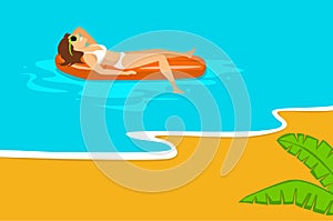 Woman relaxing sunbathing on beach vacation, swimming on inflatable mattress