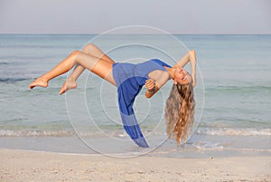 Woman relaxing vacation concept levitation beach