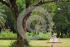 Woman relaxing on wooden swing under the big tree in the park