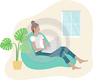 Woman remote working from home in office beanbag chair. Relaxing freelance designer, developer work flat style vector