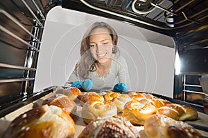 Woman Removing Bun View From Inside The Oven