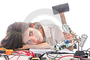 Woman Repairing Computer Part, Problems Concept, Service Center Problems. Electronics Repair Service