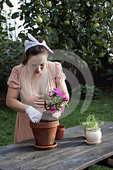 A woman replants an impatiens in a new pot