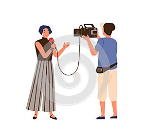 Woman reporter and operator. Correspondent people make news live program, real time, on air. TV videographer record