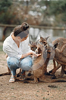 Woman in the reserve is playing with a kangaroo