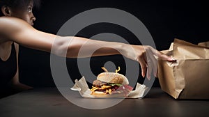 Woman resisting and pushing away fast food