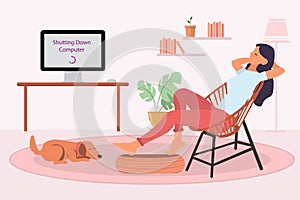 Young girl relaxing in chair next to shutting down personal computer on desk in living room. Digital detoxing concept photo