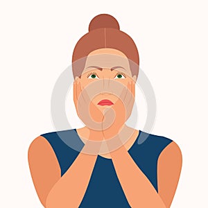Woman resting her face in her hands. She feels sad, desperate, depressive. Vector Illustration