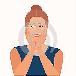 Woman resting her face in her hands. She feels surprised, amazed. Vector Illustration