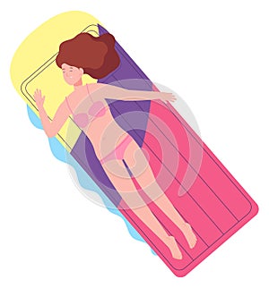 Woman resting on inflatable bed. Summer swimming character