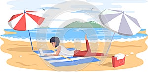 Woman resting, surfing internet and working with computer on beach communicating with laptop