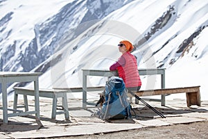 Woman rests in Annapurna base camp, Nepal