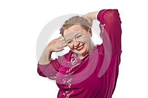 Woman retirement age showing different emotions on a white background in Russia