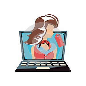 Woman retro in laptop with commercial tag