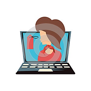 Woman retro in laptop with commercial tag