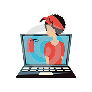 Woman retro in laptop with commercial tag