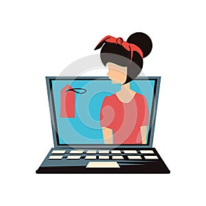 Woman retro in laptop with commercial tag