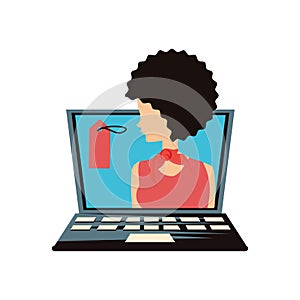 Woman retro in laptop with commercial tag