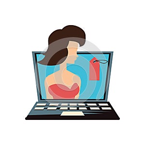 Woman retro in laptop with commercial tag