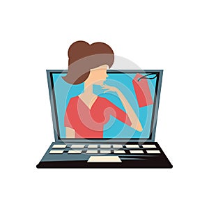 Woman retro in laptop with commercial tag