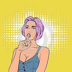 Woman in retro pop art style. The girl calls for silence.