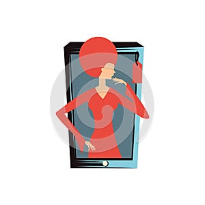 Woman retro in smartphone with commercial tag