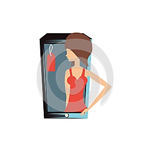 Woman retro in smartphone with commercial tag