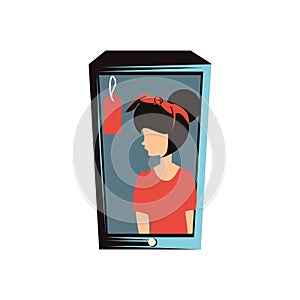 Woman retro in smartphone with commercial tag