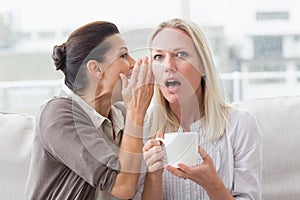 Woman revealing secret to her surprised friend