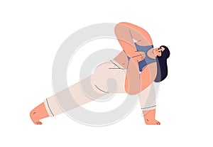 Woman in Revolved Lunge Pose, stretching yoga asana, pose. Girl exercising in Parivritta Anjaneyasana position, posture