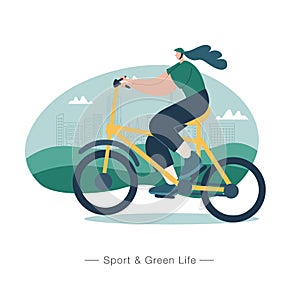 Woman ride on bicycle with eco green city background. sport and green life concept