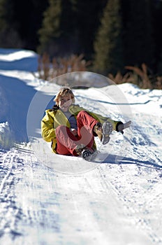 Woman ride on snow road